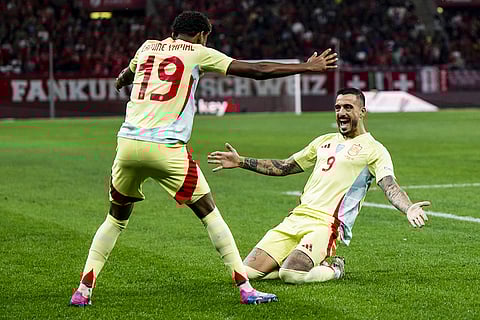 2024–25 UEFA Nations League, Switzerland vs Spain: Spain's forward Joselu, right, celebrates after scoring the first goal